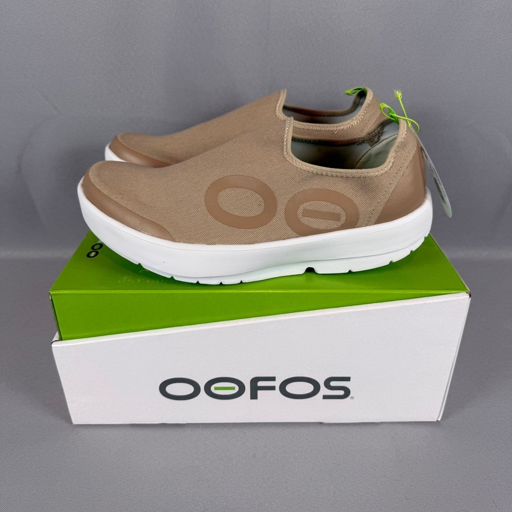 Oofos OOmg Eezee Recovery Sneakers Mens 10 Taupe White Slip-On Light Shoes NIB